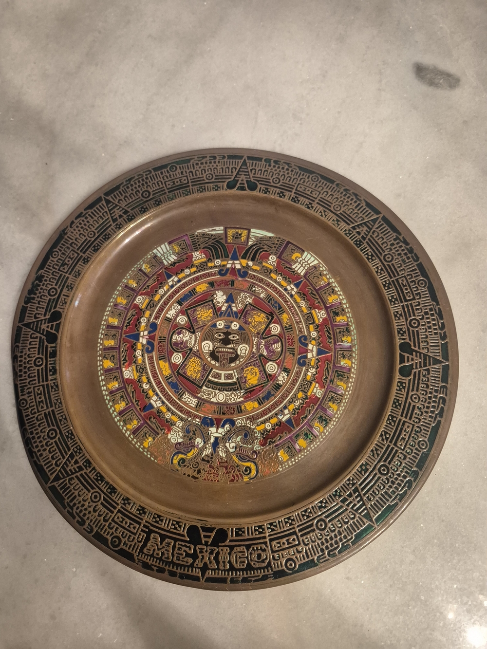 Vintage Brass Aztec Calendar Wall Decor - Enamel Painted